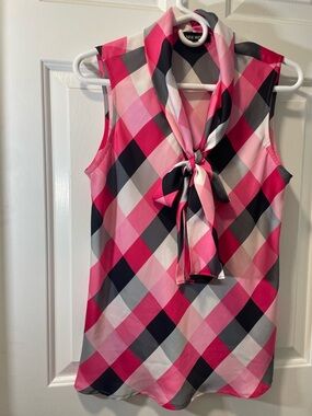 Nine West Pink, Black & Gray Plaid Tie-Neck Sleeveless Top - Size medium